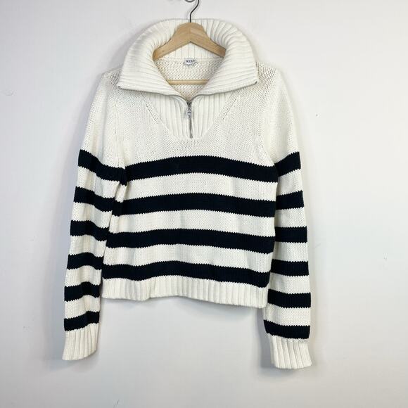 Kule The Matey Cream Black Stripe Chunky Cotton Knit Zip Collar Sweater womens S - Picture 3 of 17